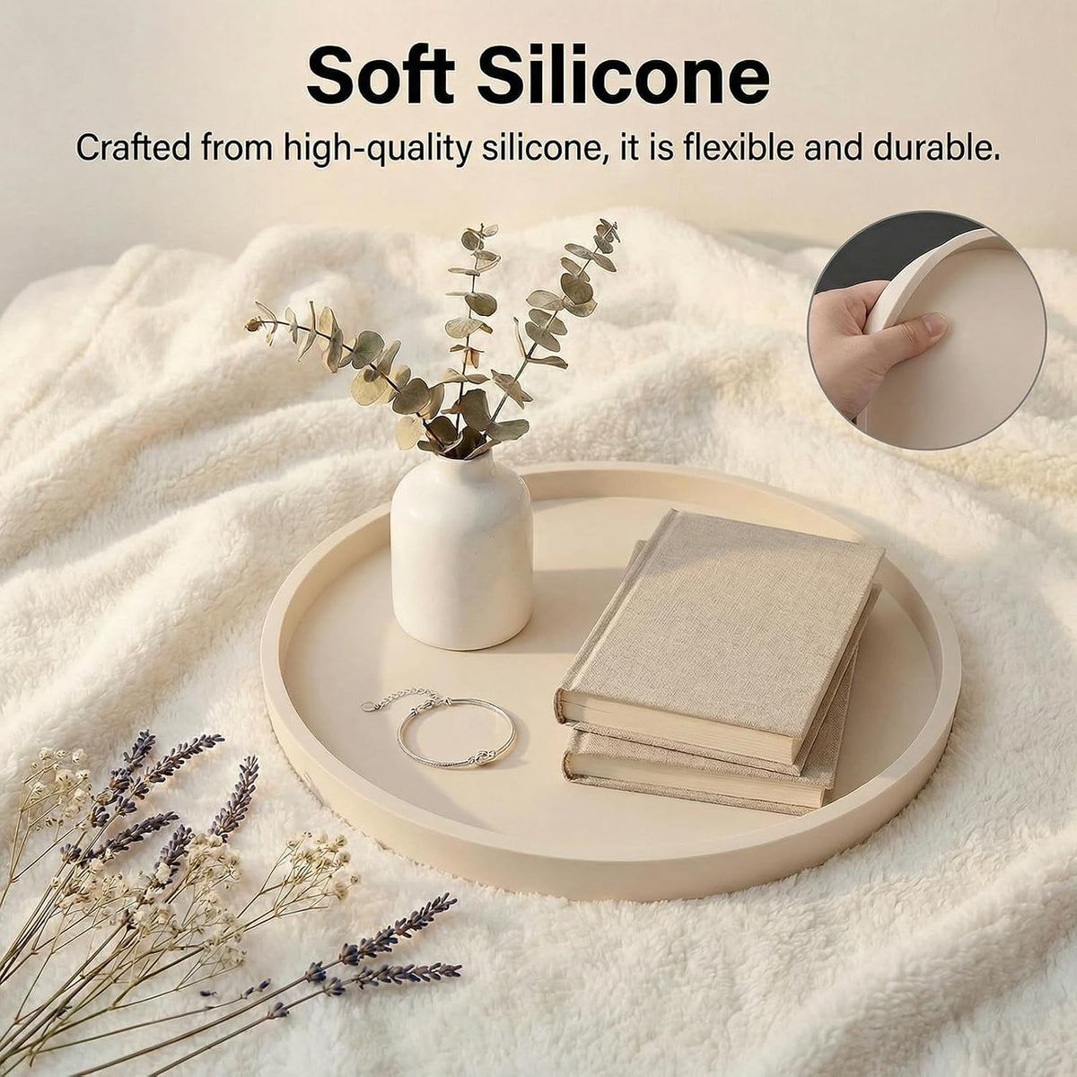 Round Beige Silicone Decorative Bathroom Vanity Tray 9 Inch, Counter Tray for Bathroom Countertop Perfume Holder Dresser Organizer Coffee Table Candle, Non-Slip Durable for Home Use