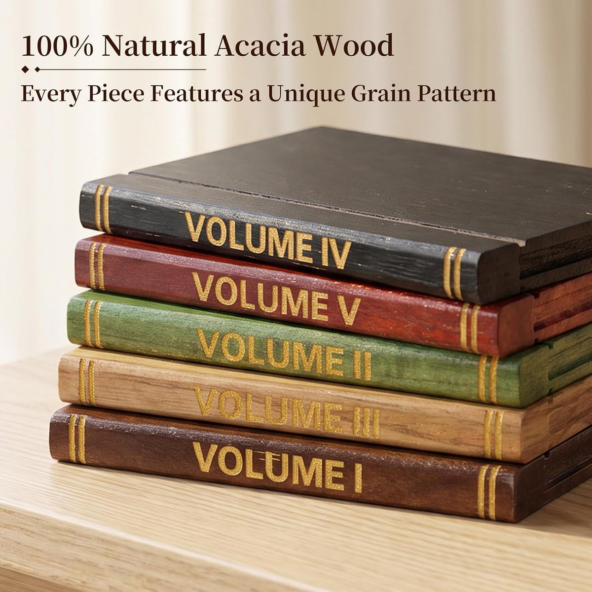 Wooden Coaster Set with Stand, 5 Pack Acacia Wood Drink Coasters for Coffee Table Decor, Decorative Book Style Coasters with Holder, Unique Home Bar Accessories, Housewarming Gift for Coffee Lovers