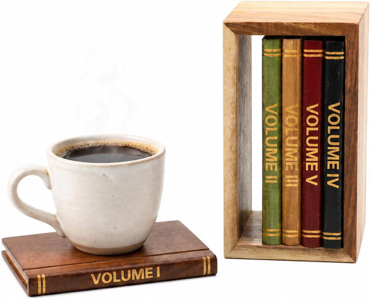Wooden Coaster Set with Stand, 5 Pack Acacia Wood Drink Coasters for Coffee Table Decor, Decorative Book Style Coasters with Holder, Unique Home Bar Accessories, Housewarming Gift for Coffee Lovers