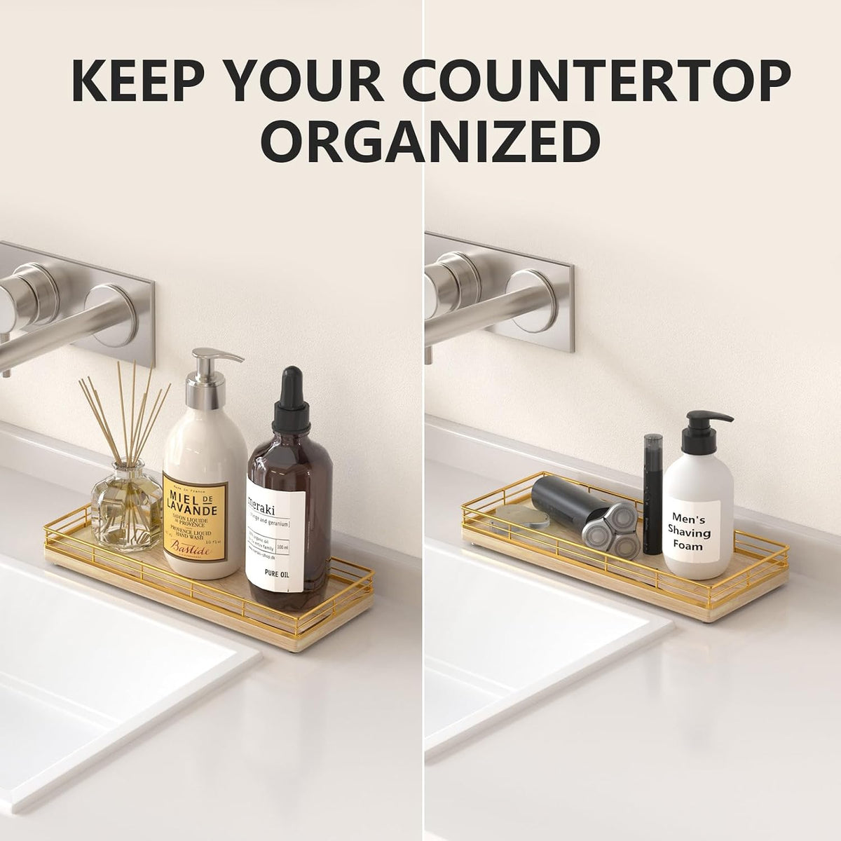 Bathroom Tray for Counter Top Organizer, Oak Wood Vanity Tray