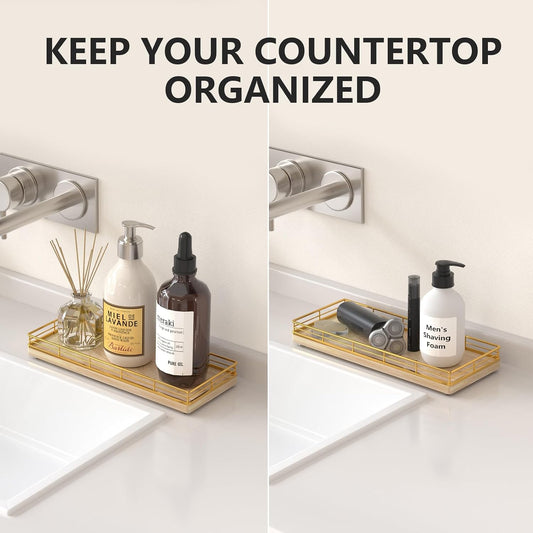 Bathroom Tray for Counter Top Organizer, Oak Wood Vanity Tray