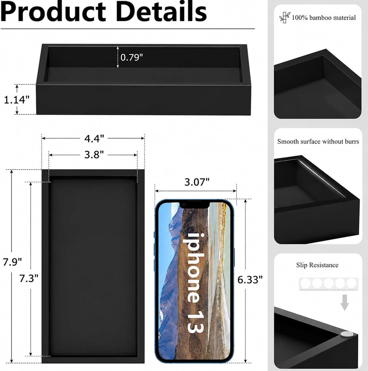 ZHWS Small Bathroom Vanity Tray for Countertop Makeup Perfume Decor Candle Jewelry, Small Kitchen Tray for Soap Dispenser Spice Sponge Holder Black Toilet Tray 7.9”L x 4.4”W x 1.14”H