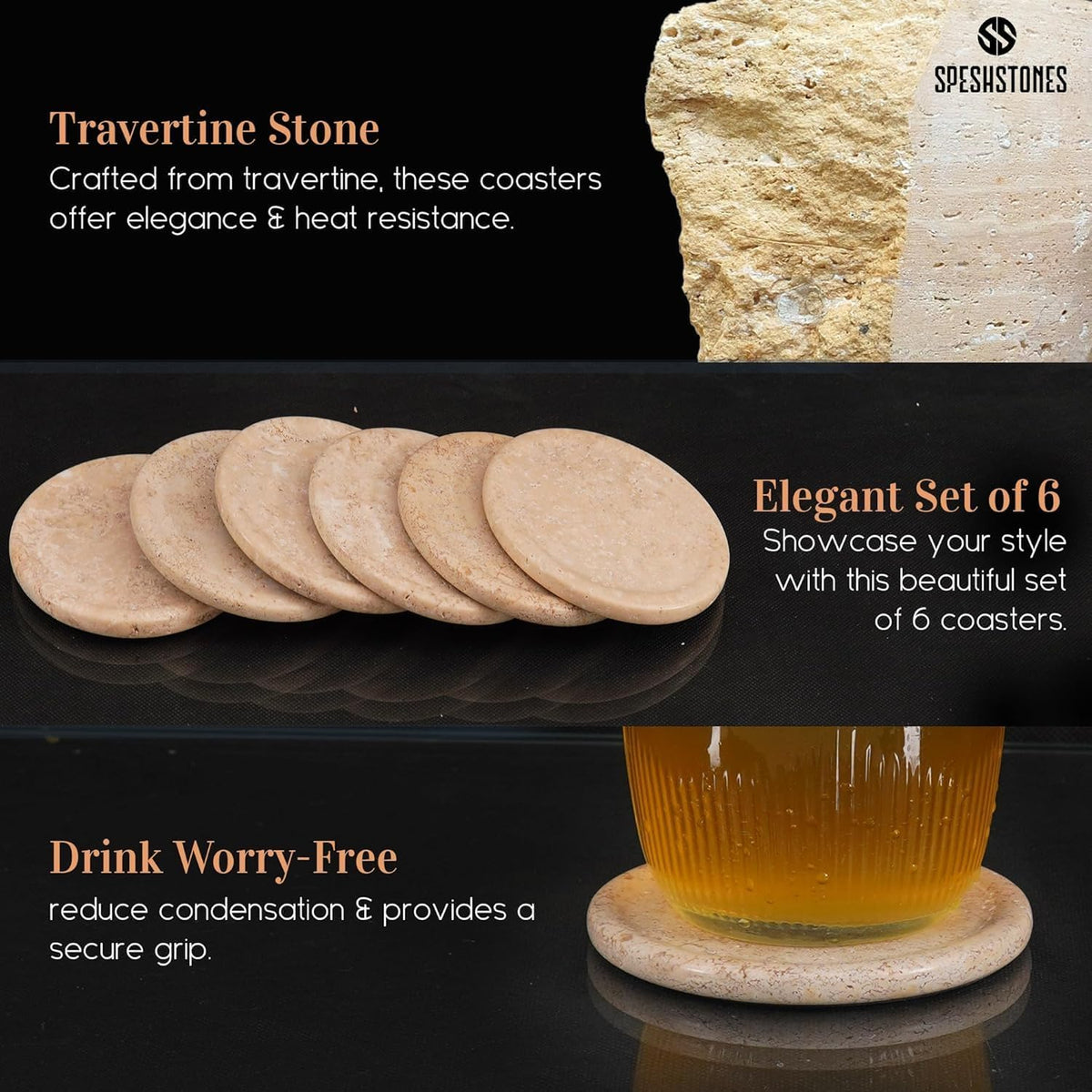 Travertine Coasters Set of 6 with Holder Round 3.5 Inch