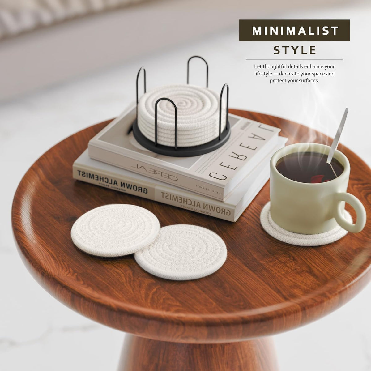 Lazebox Coasters Set of 8 for Drinks, 4 Inch Large Coasters for Coffee Table, Tabletop Protection for Hot & Cold Drinks, Versatile Coasters for Home Decor, Non-Slip & Easy to Clean, White