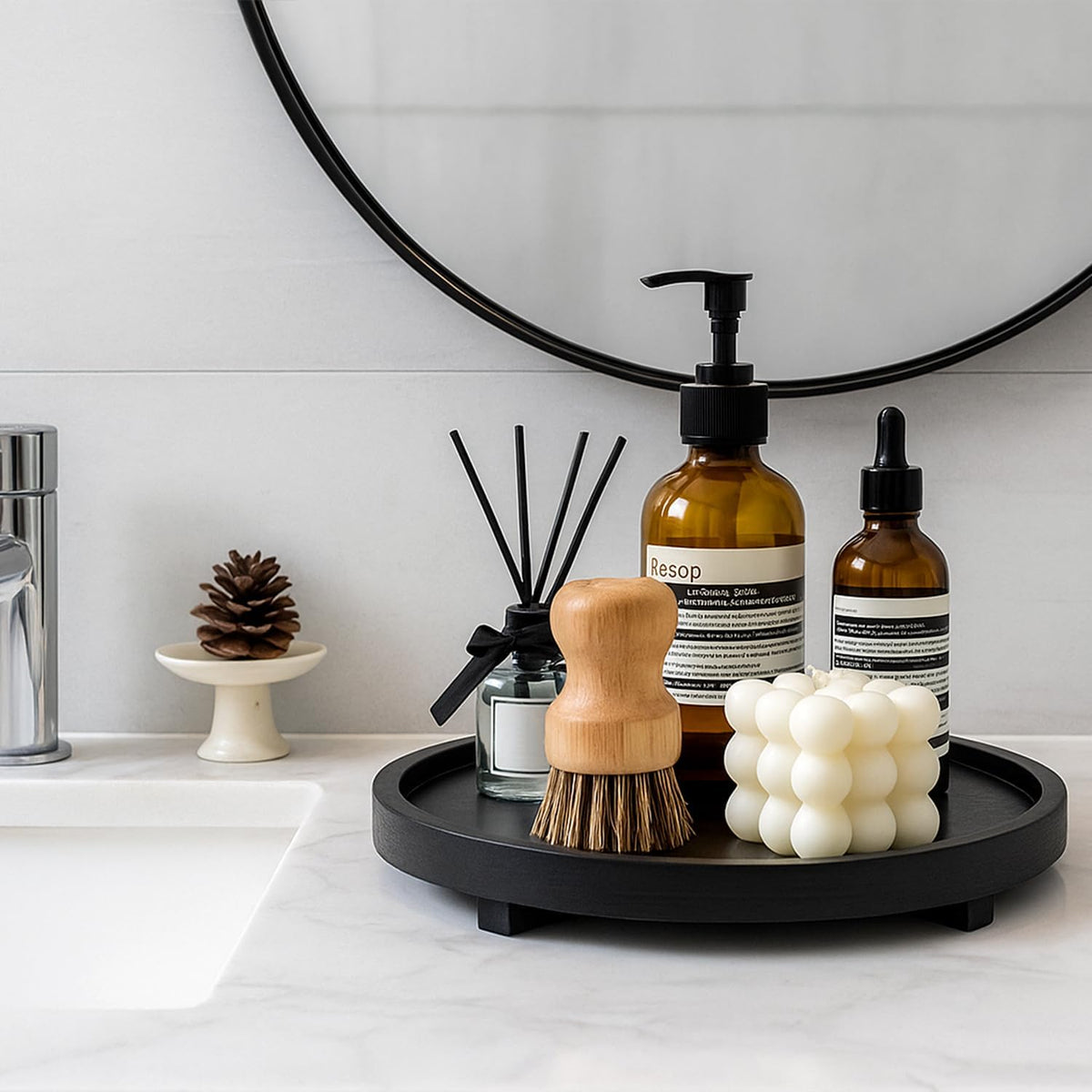 Black Round Decorative Wooden Tray for Bathroom Counter Table Trays Decor
