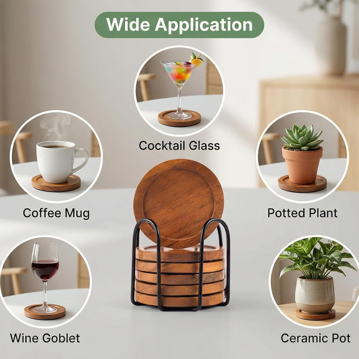 Acacia Wood Round Coasters Set of 6 with Holder – Absorbent Drink Coasters for Coffee & Dining Tables, Farmhouse Home Decor Bar Accessories, Housewarming Gift