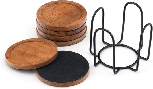 Acacia Wood Round Coasters Set of 6 with Holder – Absorbent Drink Coasters for Coffee & Dining Tables, Farmhouse Home Decor Bar Accessories, Housewarming Gift