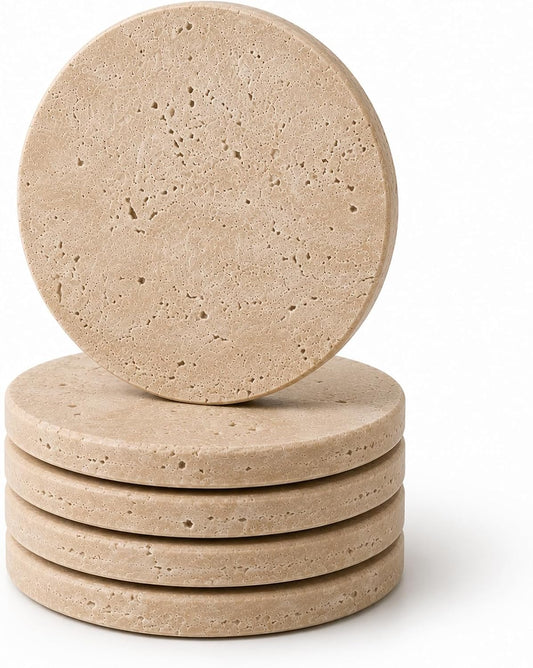 4" Natural Travertine Stone Coasters Set of 4,Round Stone Cup Coasters