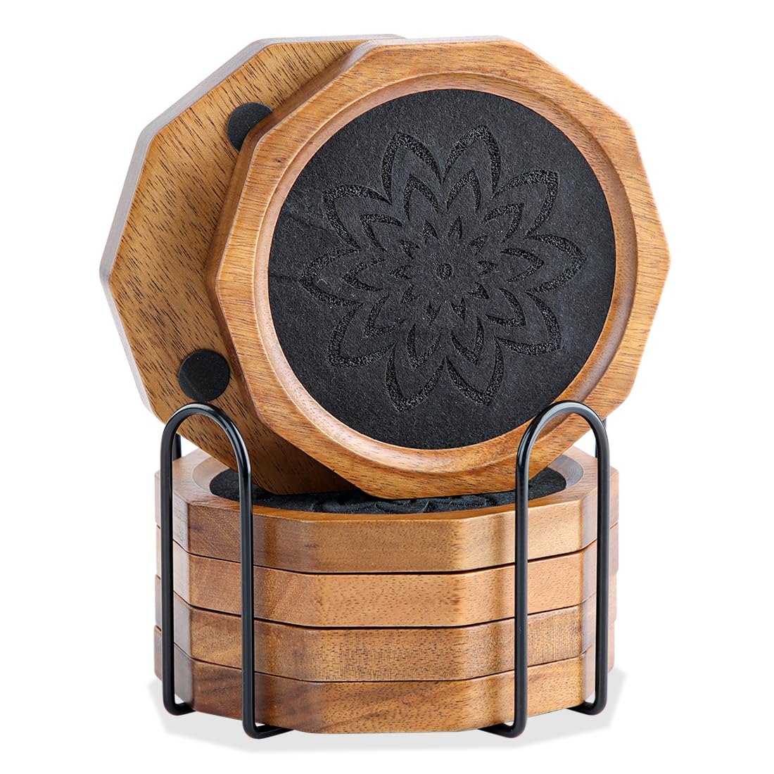 Wood Coasters for Drinks Absorbent with Lip, 4.3 Inch Acacia Wood Grey Felt Coaster with Holder for Wooden Coffee Table for Cups, Mugs, and Glasses - Set of 6