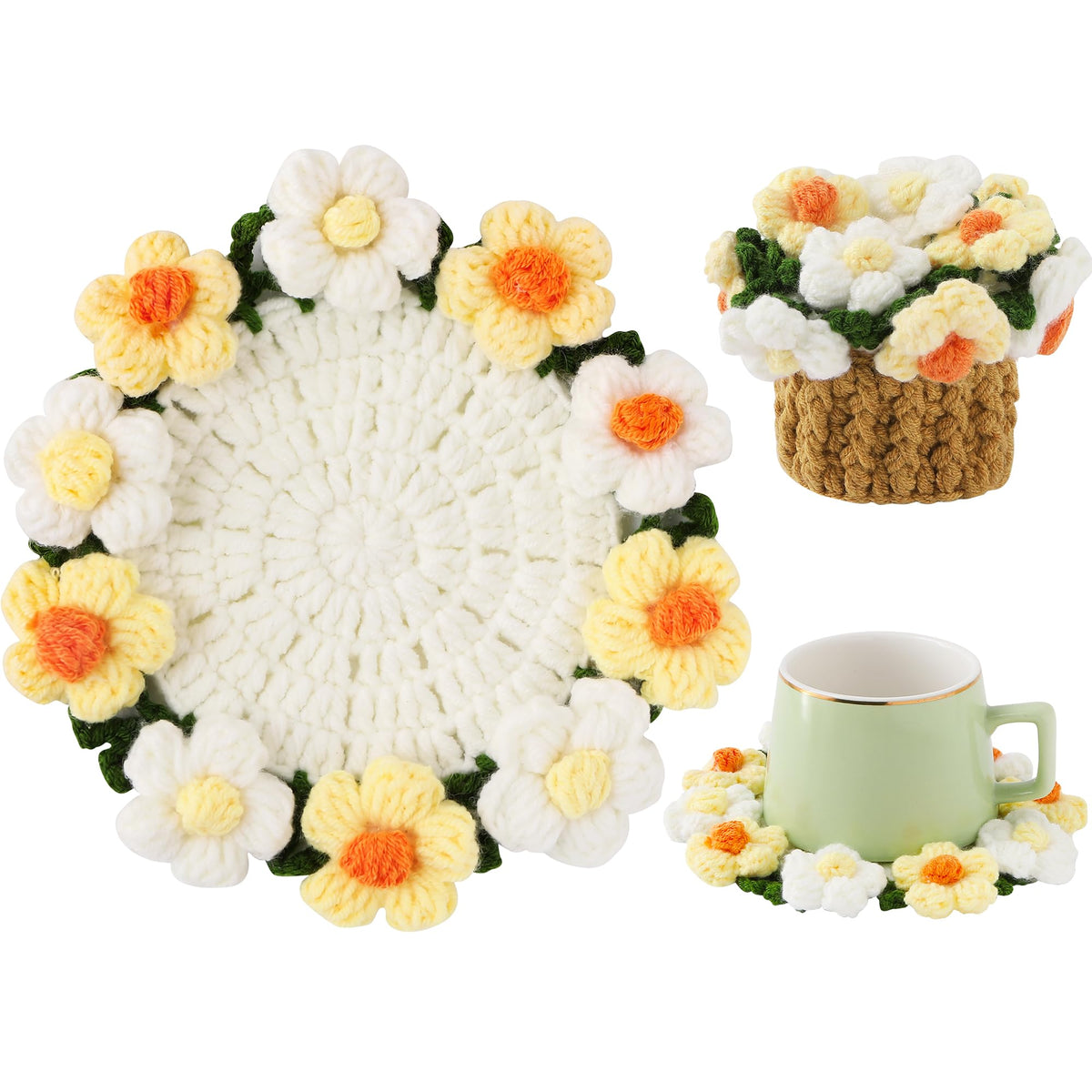 Crochet Flower Coasters, Handmade Bouquet Coasters with Crochet Plant Pot (Pink, 1Pc)