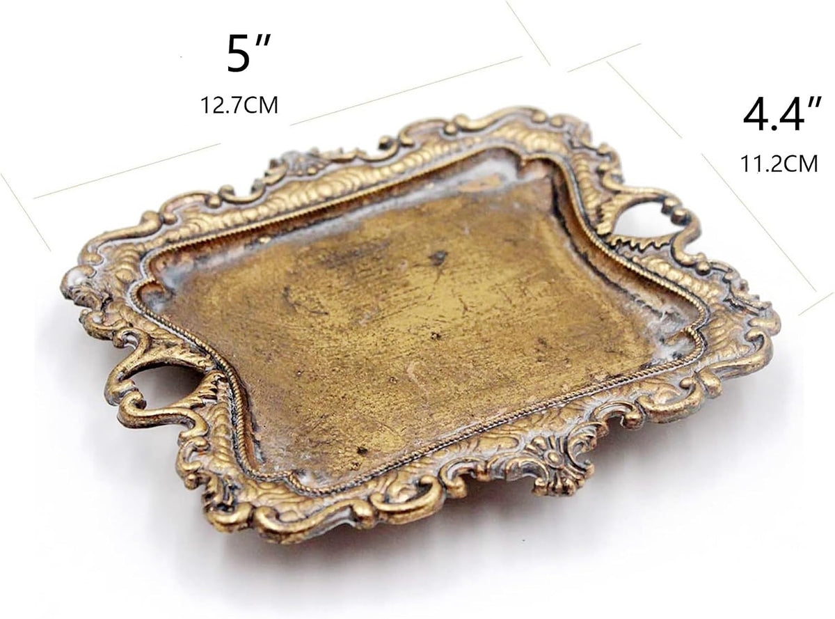 Funly mee Small Antique Trinket Dish Vintage Gold Metal Jewelry Tray, Ring Holder-5.3 x 3.5 x 1.2 inches