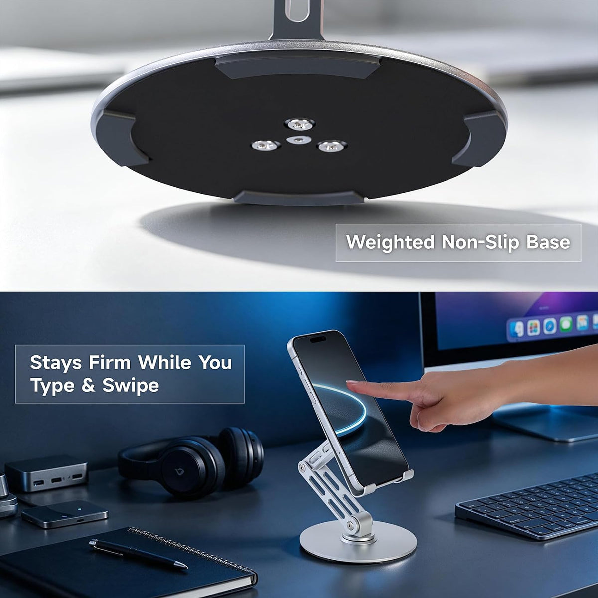 Adjustable Aluminum Phone Stand, 360° Rotating Desk Phone Holder for iPhone & iPad (4-11"), Weighted Metal Base for Stable Typing, Height Adjustable Foldable Cell Phone Stand for Office