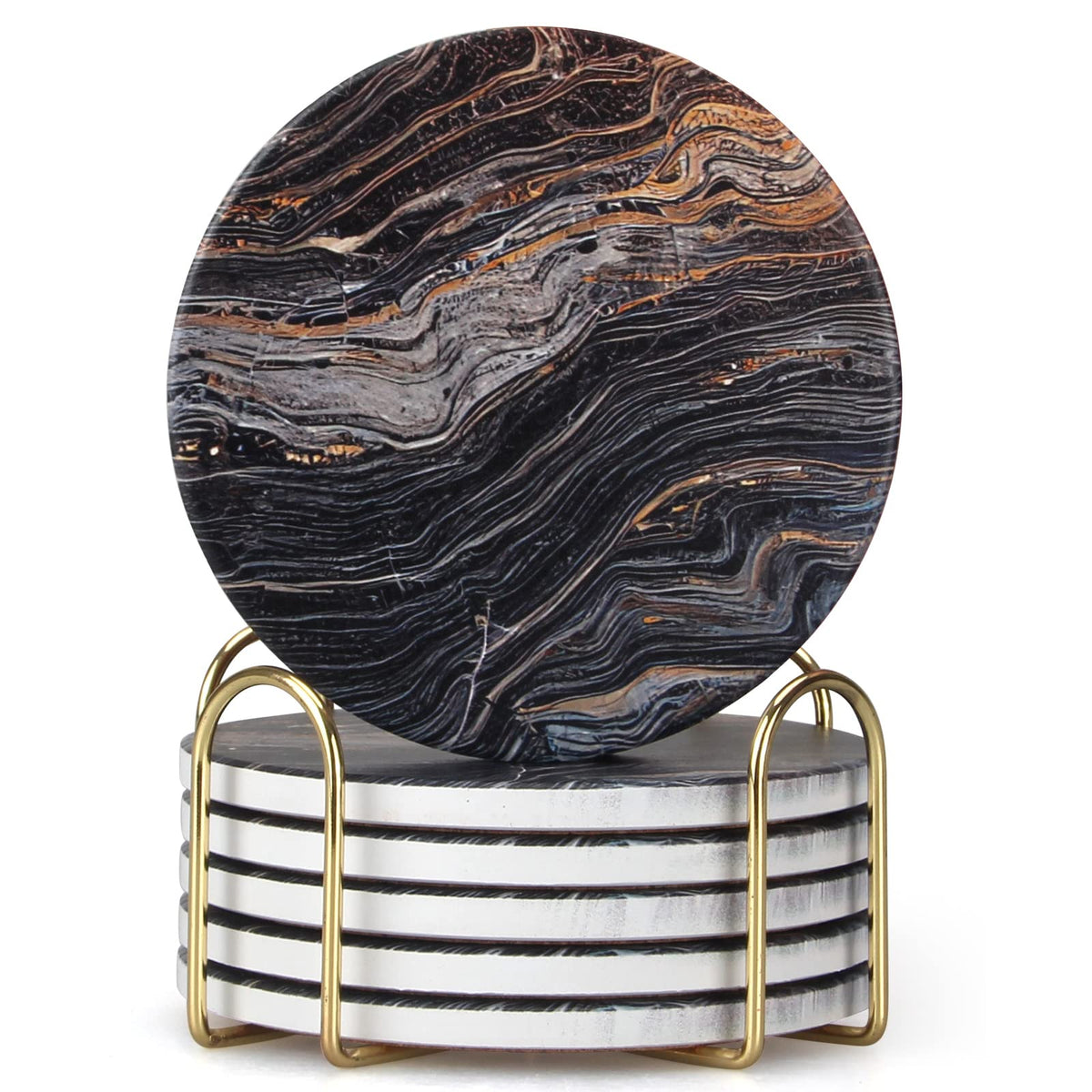 Coasters Set of 6, Navy Blue Marble Abstract Ceramic Coasters with Holder