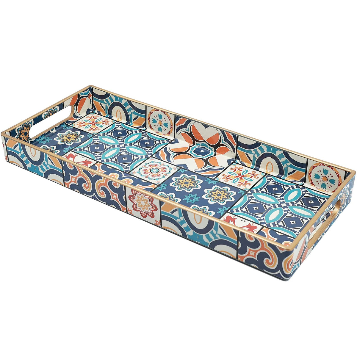 Blue Bathroom Vanity Tray for Countertop, Small Plastic Toilet Tank Versatile Storage & Organization Tray for Makeup, Perfume, Desk, Kitchen, Candles, 13.7"x6"x1.4", 35HB