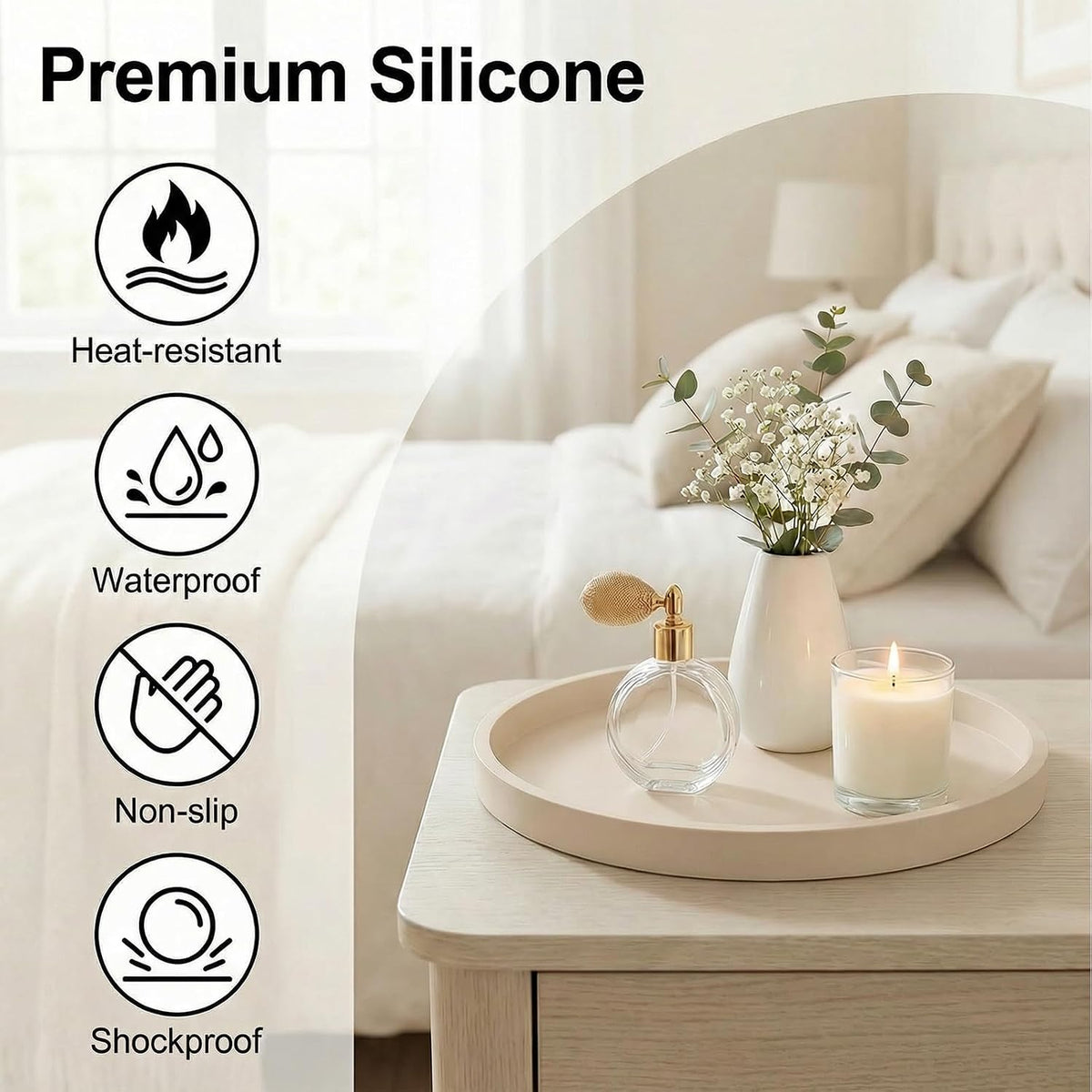 Round Beige Silicone Decorative Bathroom Vanity Tray 9 Inch, Counter Tray for Bathroom Countertop Perfume Holder Dresser Organizer Coffee Table Candle, Non-Slip Durable for Home Use