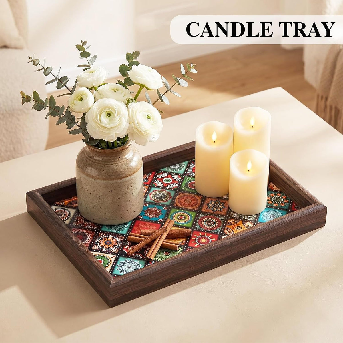 Decorative Wood Serving Tray with Boho Mandala Print, 11.8x7.87 Inch, for Coffee Table, Vanity, Nightstand, Countertophome, Centerpieces, Living Room Decor, Key Bowl, Valet Tray