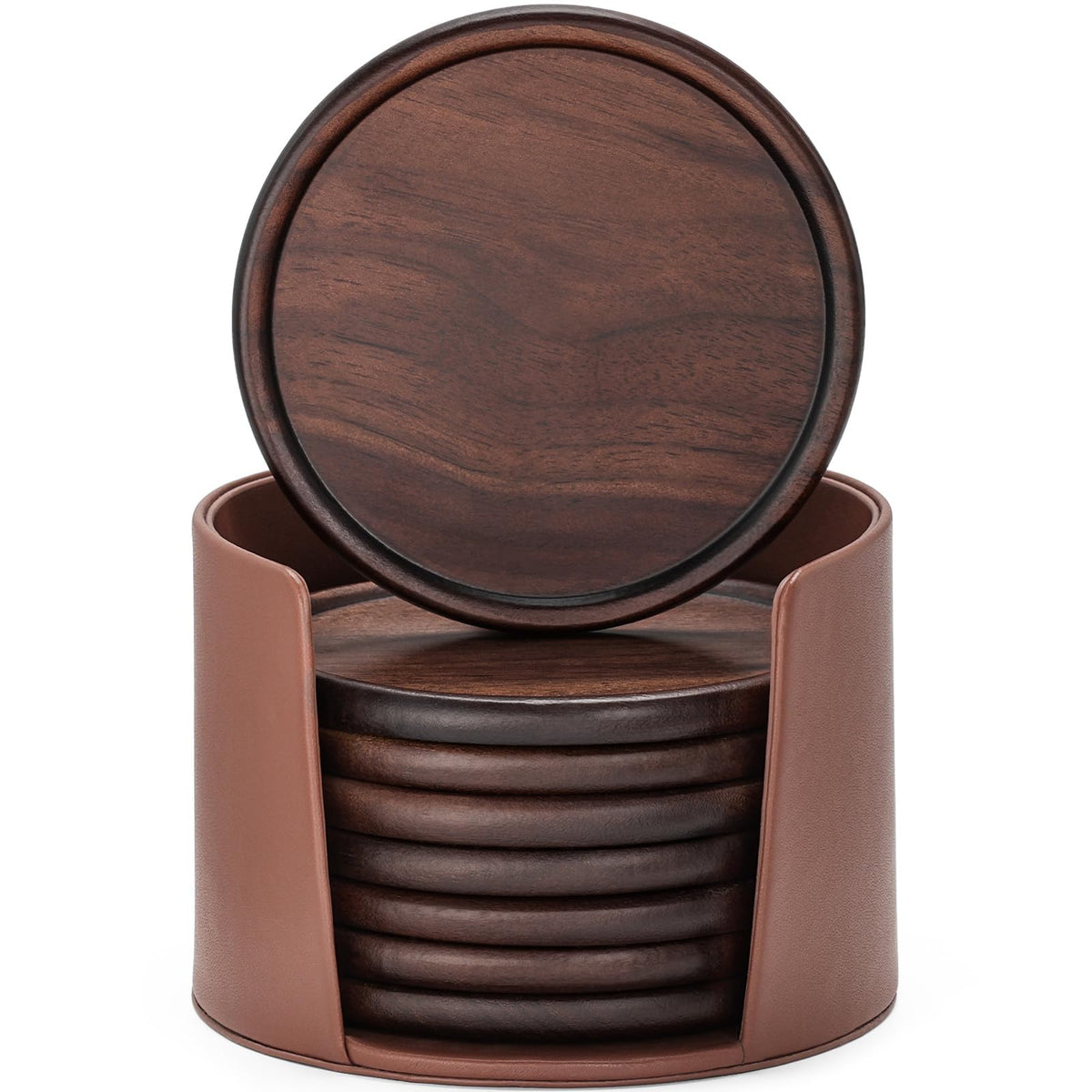 Wood Coasters Set of 8 with Metal Holder, 100% Wooden Coasters for Drinks