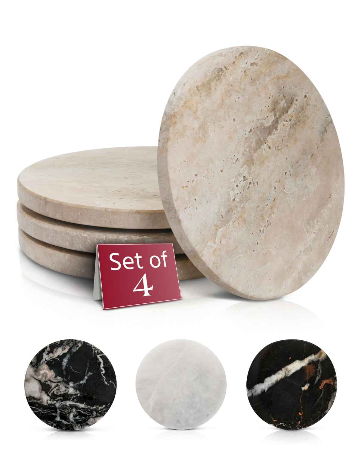Gusto Nostro Travertine Coasters - Absorbent Stone Coasters Set of 4 - Aesthetic, Natural Stone Coaster for Drinks - Anti-Slip Round Artisanal Travertine Coaster for Kitchen Counter and Coffee Table