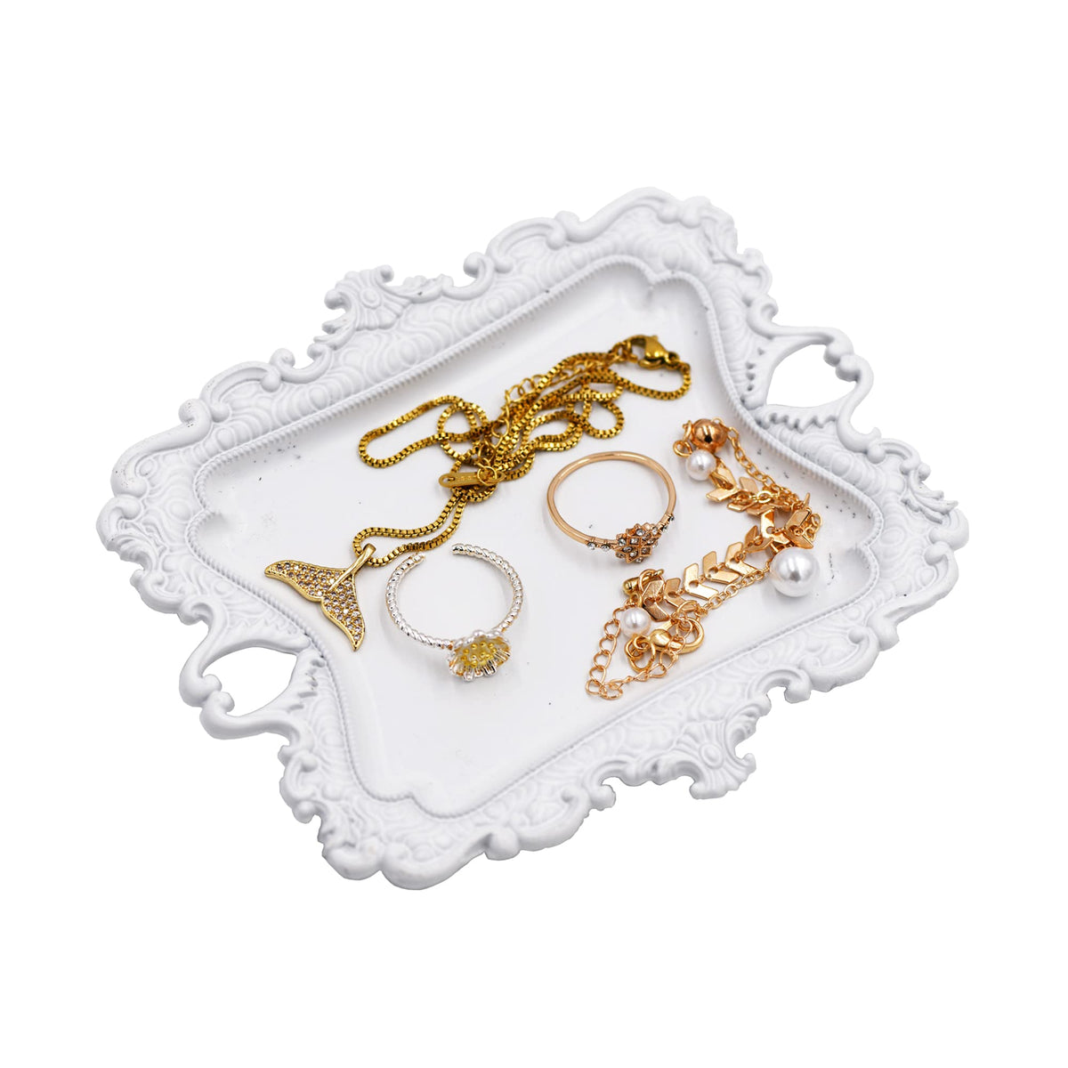 Funly mee Small Antique Trinket Dish Vintage Gold Metal Jewelry Tray, Ring Holder-5.3 x 3.5 x 1.2 inches