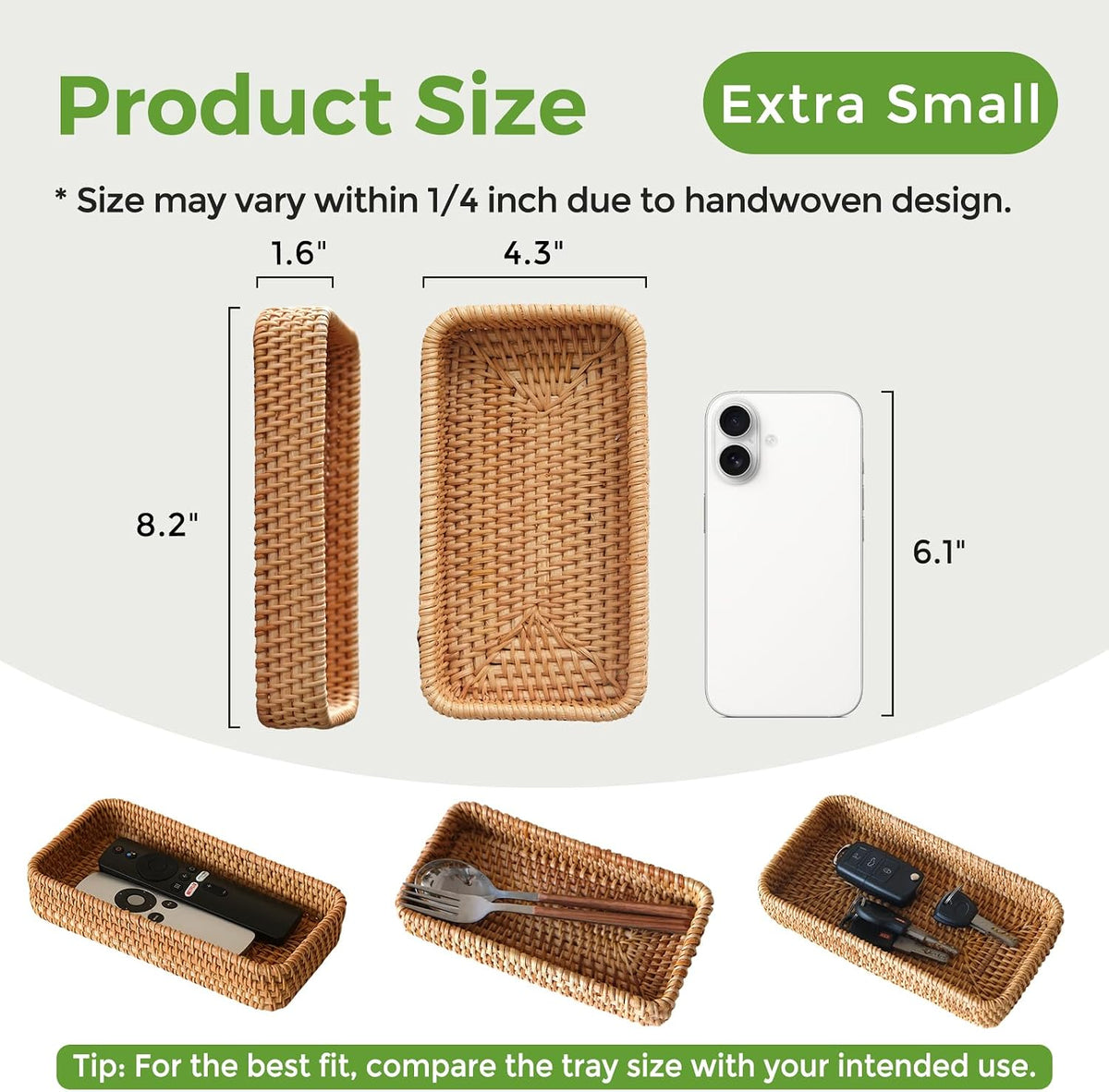 Small Rattan Serving Tray, Natural Wicker Decorative Tray (8.2" × 4.3")