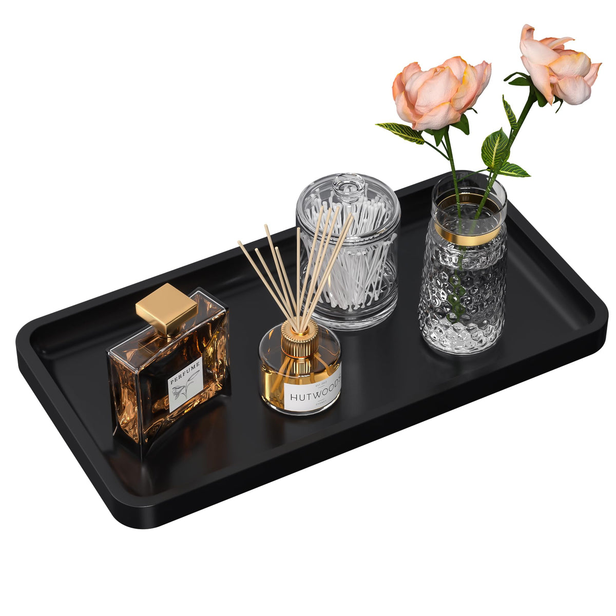 Weenson Small Bathroom Vanity Tray for Countertop Makeup Perfume Jewelry Decor Candle Keys, Small Black Kitchen Tray for Soap Dispenser Spice Bamboo Toilet Tray 7.9" L x 4" W x 0.79" H