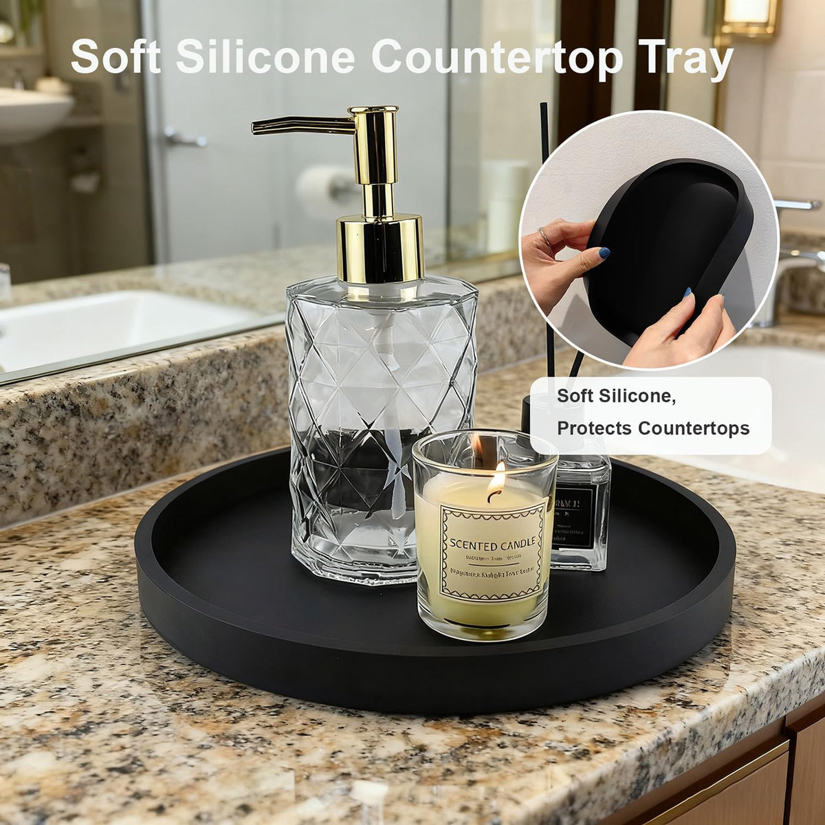 Silicone Bathroom Tray, Round Vanity Tray, 9" Black