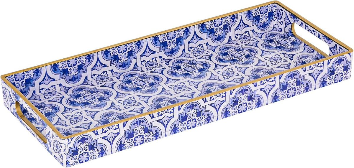 MAONAME Blue Decorative Tray with Handles, Rectangular Moroccan Narrow Tray