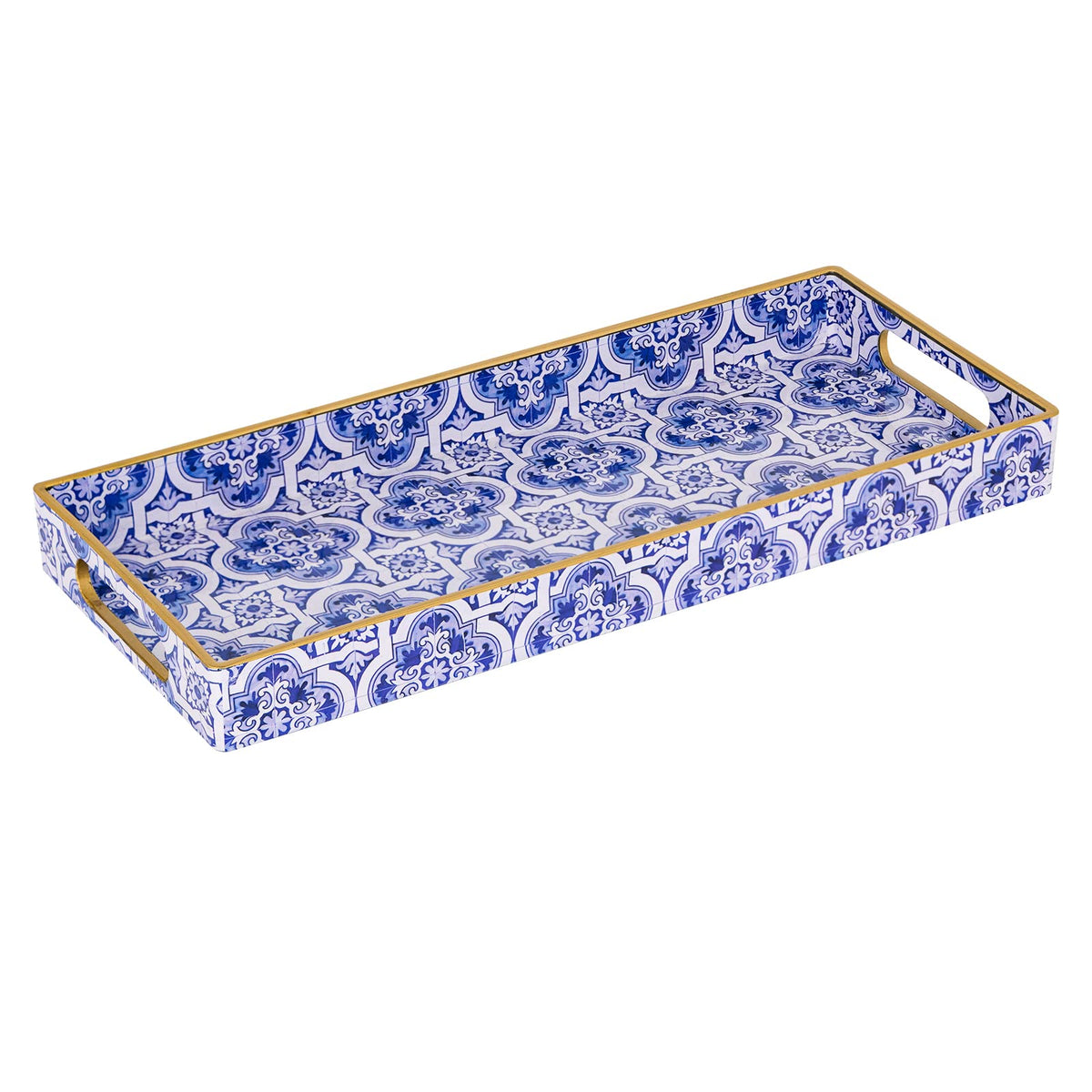 MAONAME Blue Decorative Tray with Handles, Rectangular Moroccan Narrow Tray