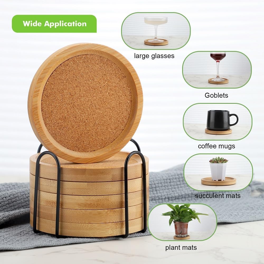Bamboo Cork Coasters for Drinks Absorbent with Holder Set of 6, Bamboo Coasters for Drinks Coaster Sets Rustic Farmhouse for Coffee Table Dining Table Set of 6 4.33in