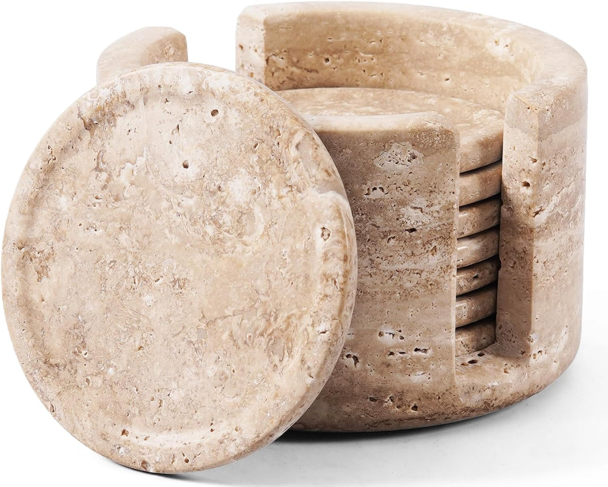 Travertine Coasters Set of 4 with Holder, Stone Drink Coaster