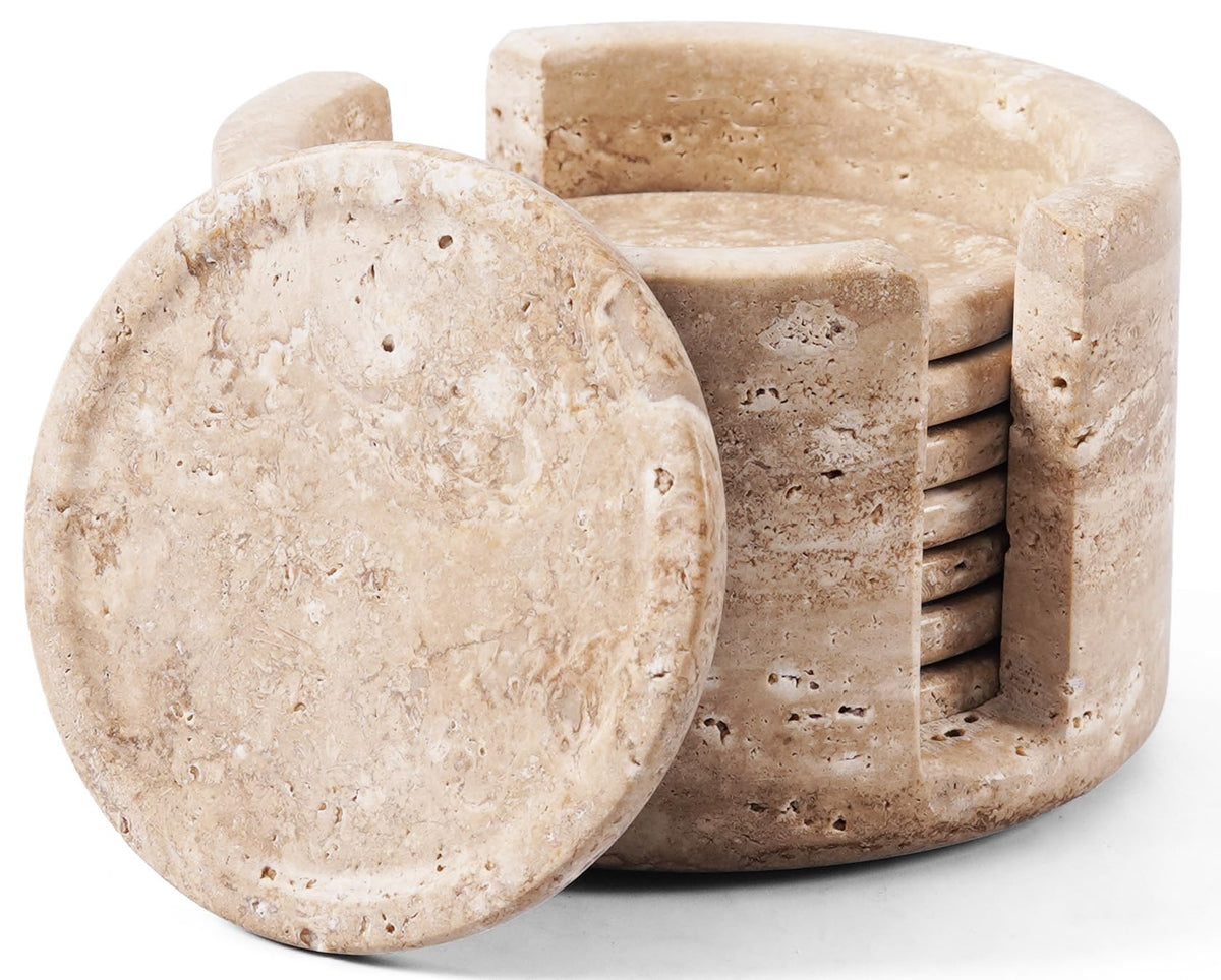 Travertine Coasters Set of 4 with Holder, Stone Drink Coaster