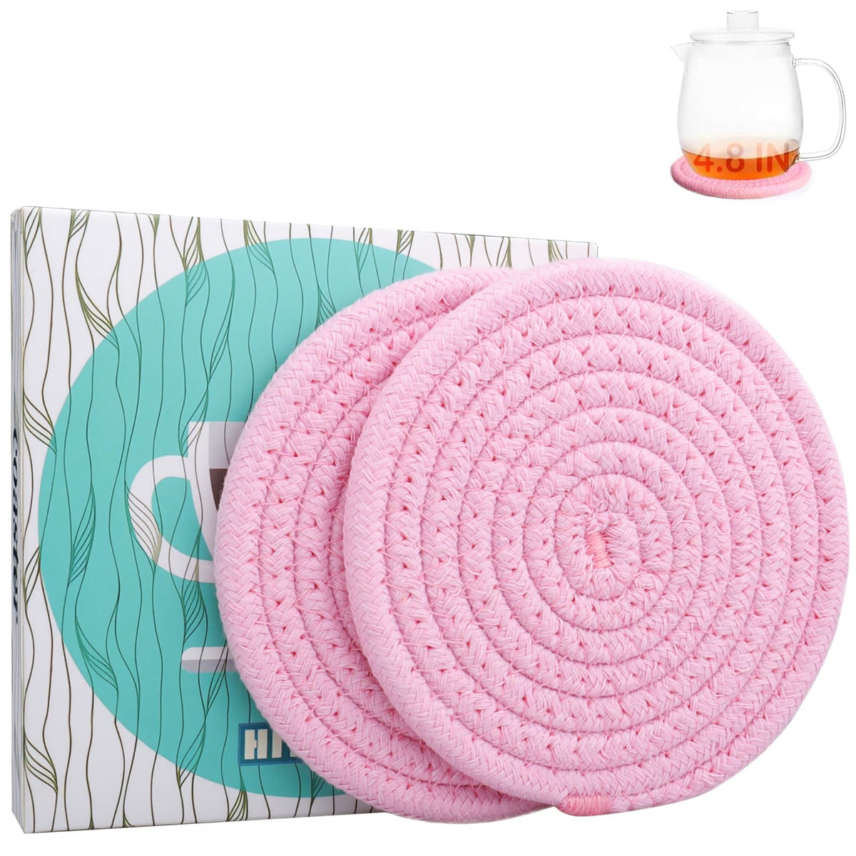 4.8" Drink Cotton Coasters Set of 2 - Large Absorbent Fabric Drink Pads for Coffee Mugs, Stylish Boho Cup Mats for Desk, Bedside Table, Plant Pots – Durable Minimalist Home Decor (Rich Blue, 2pack)