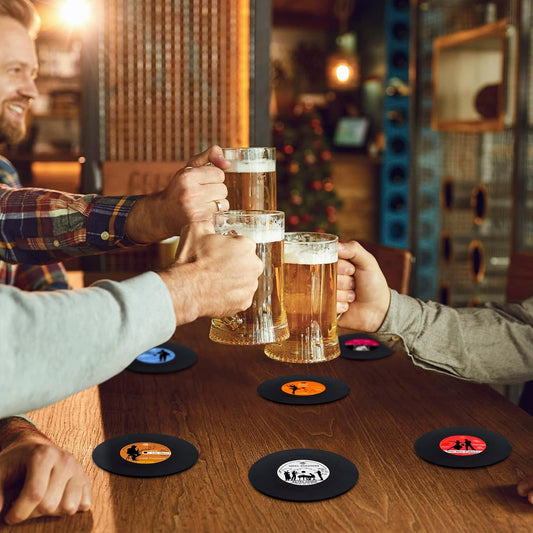 Retro Vinyl Record Coasters with Player, Set of 6 Music Coasters for Drinks