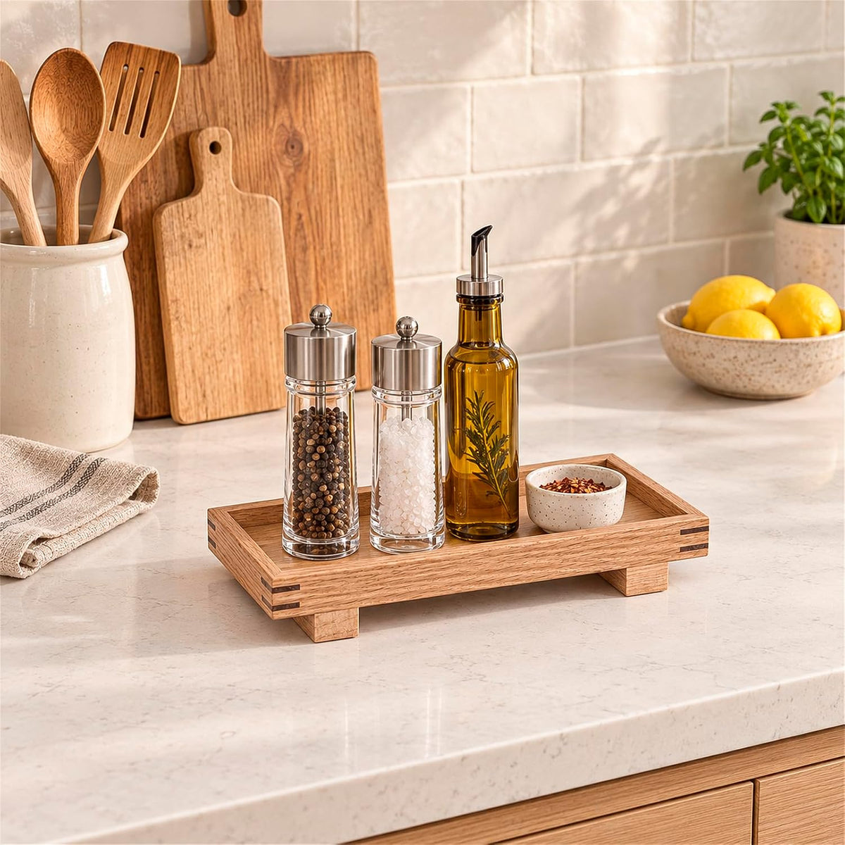 Bathroom Counter Tray Wooden Riser Display Kitchen Soap Holder, Brown