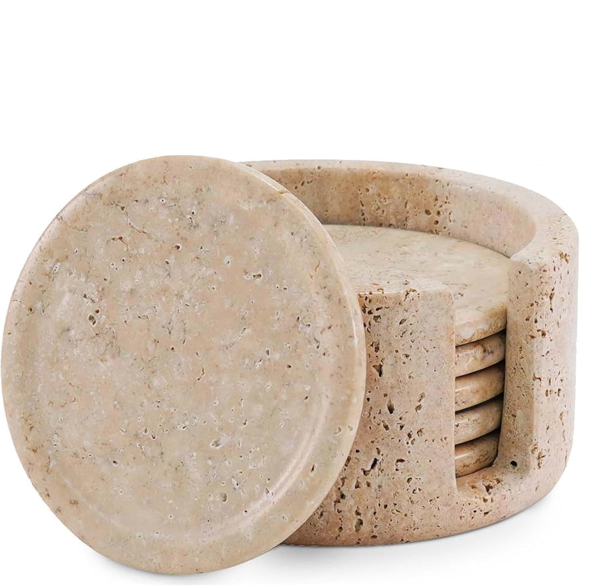 Travertine Coasters Set of 6 with Holder Round 3.5 Inch