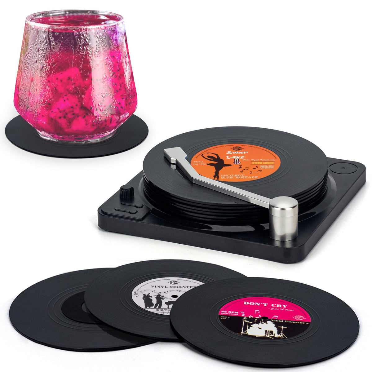 Retro Vinyl Record Coasters with Player, Set of 6 Music Coasters for Drinks