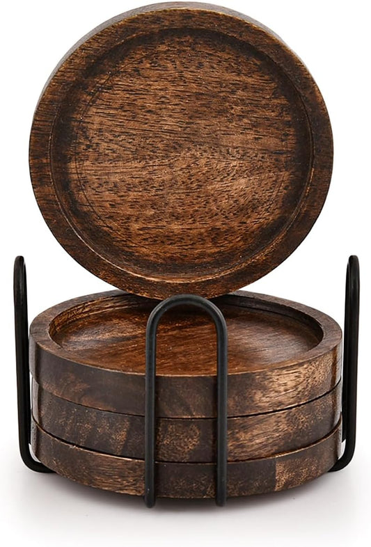 SAMHITA Mango Wood Coasters for Drinks with Iron Holder Stand Set of 4 for Drinking Glasses, Tabletop Protection for Any Table Type