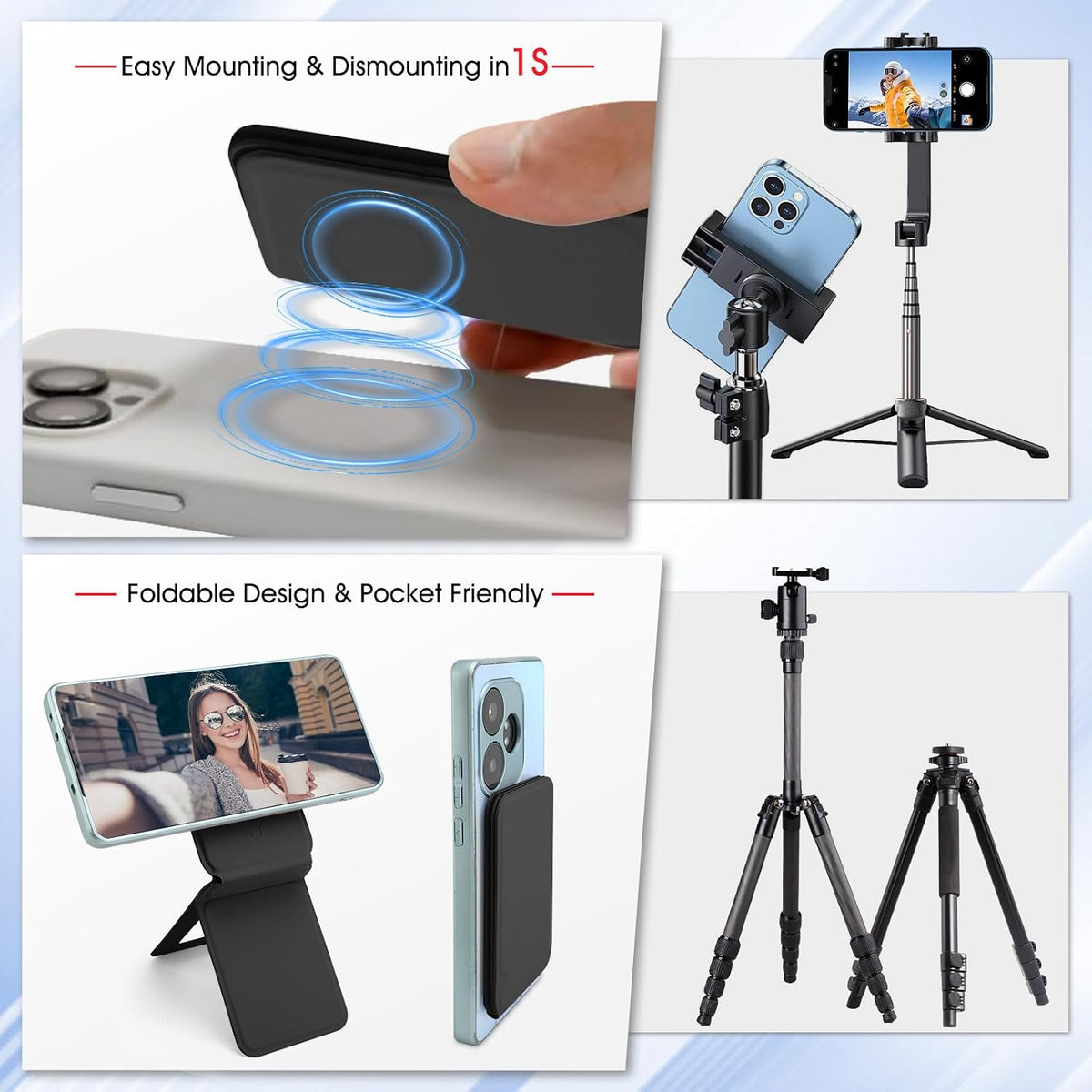 Magnetic Tripod Phone Stand, Slim Foldable Phone Holder for Iphone(Black)