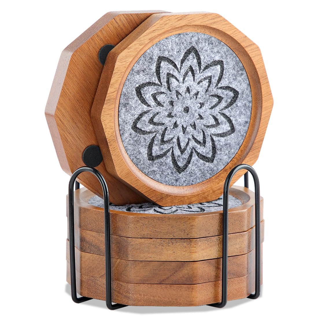 Wood Coasters for Drinks Absorbent with Lip, 4.3 Inch Acacia Wood Grey Felt Coaster with Holder for Wooden Coffee Table for Cups, Mugs, and Glasses - Set of 6