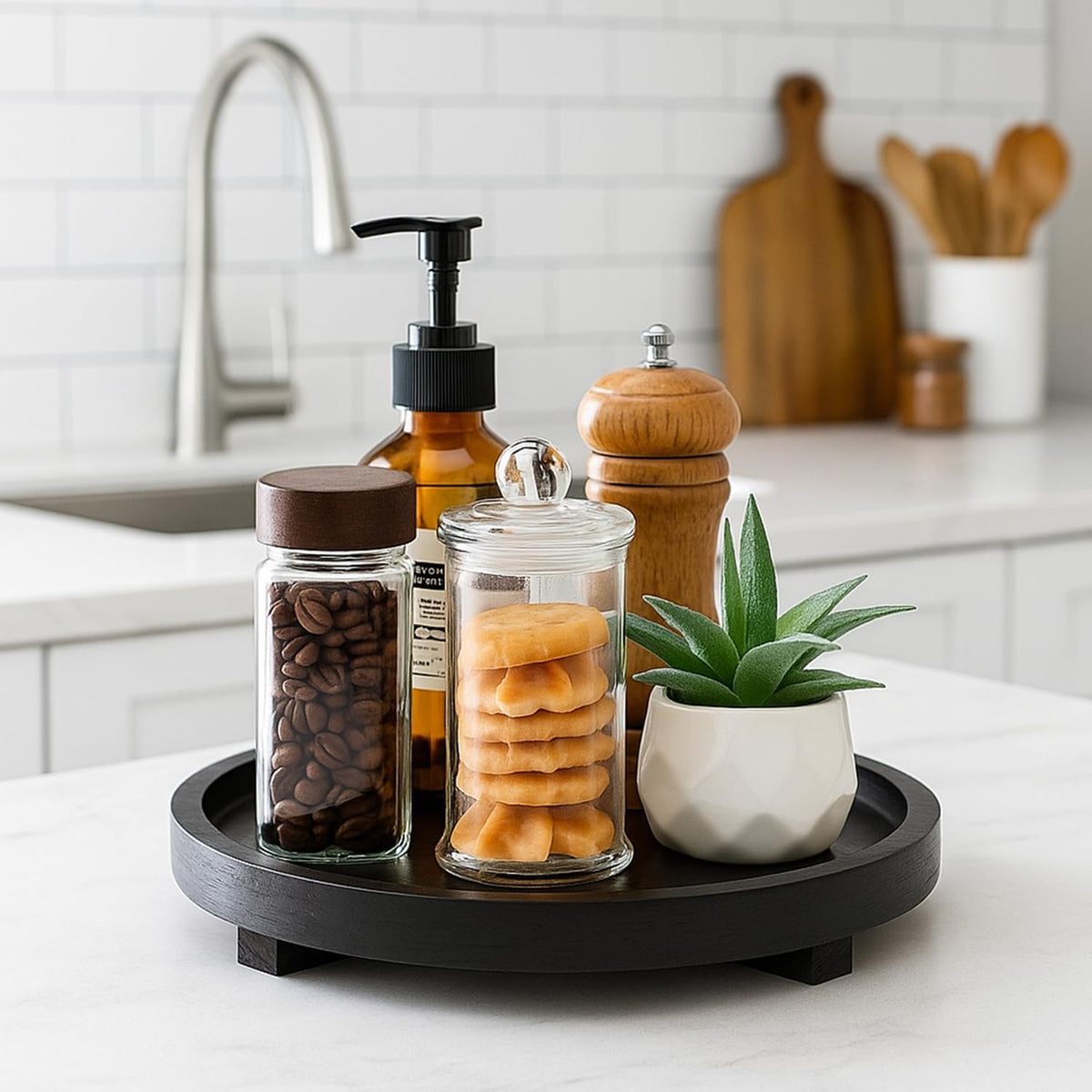 Black Round Decorative Wooden Tray for Bathroom Counter Table Trays Decor