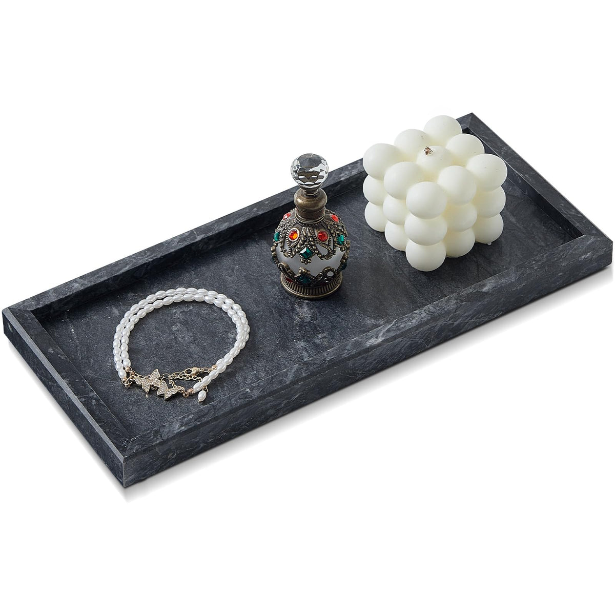 Natural Small Marble Vanity Tray, Luxury Stone Organizer for Bathroom & Kitchen | Holds Soap Dispenser, Jewelry, Perfume | Non-Resin, Non-Ceramic Décor