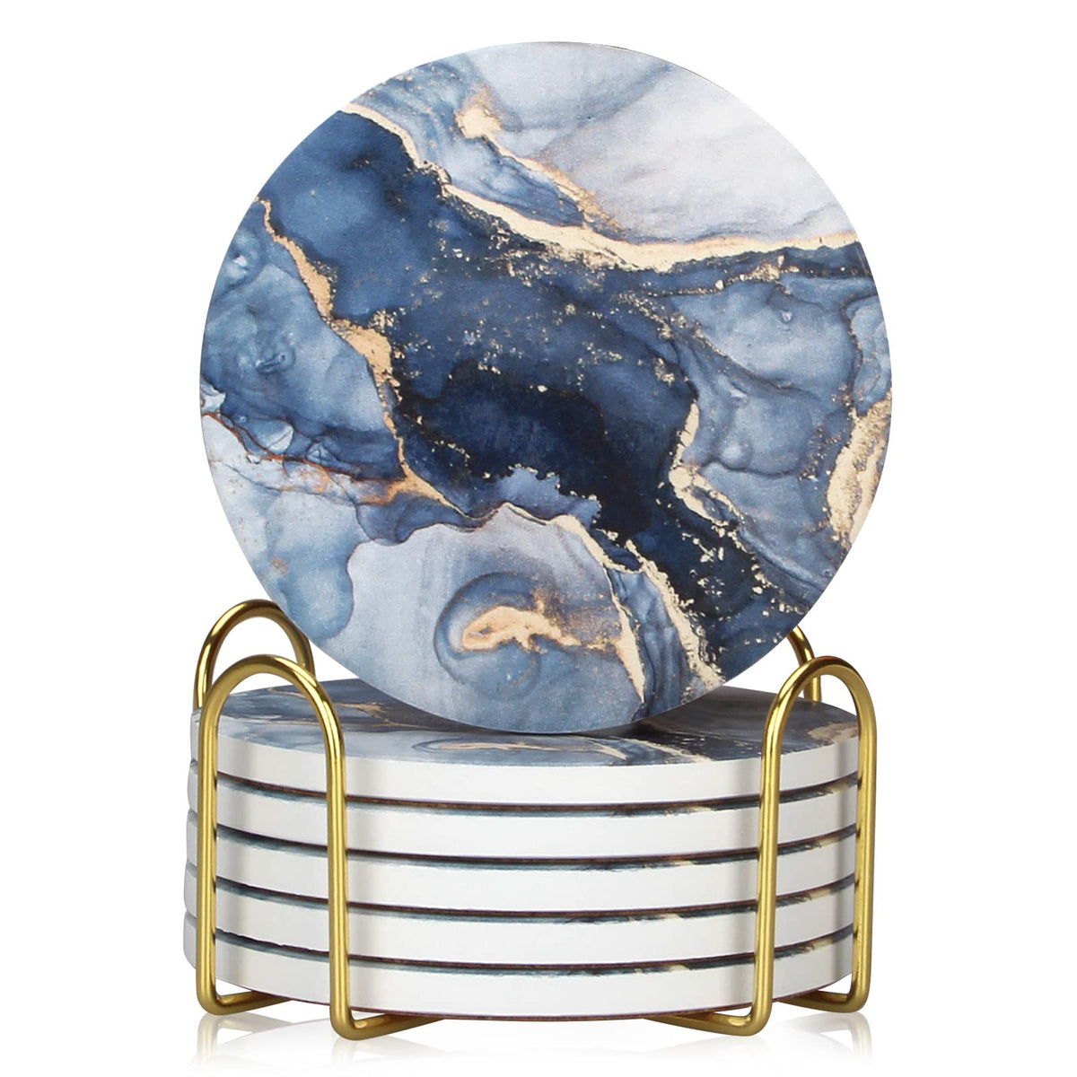 Coasters Set of 6, Navy Blue Marble Abstract Ceramic Coasters with Holder