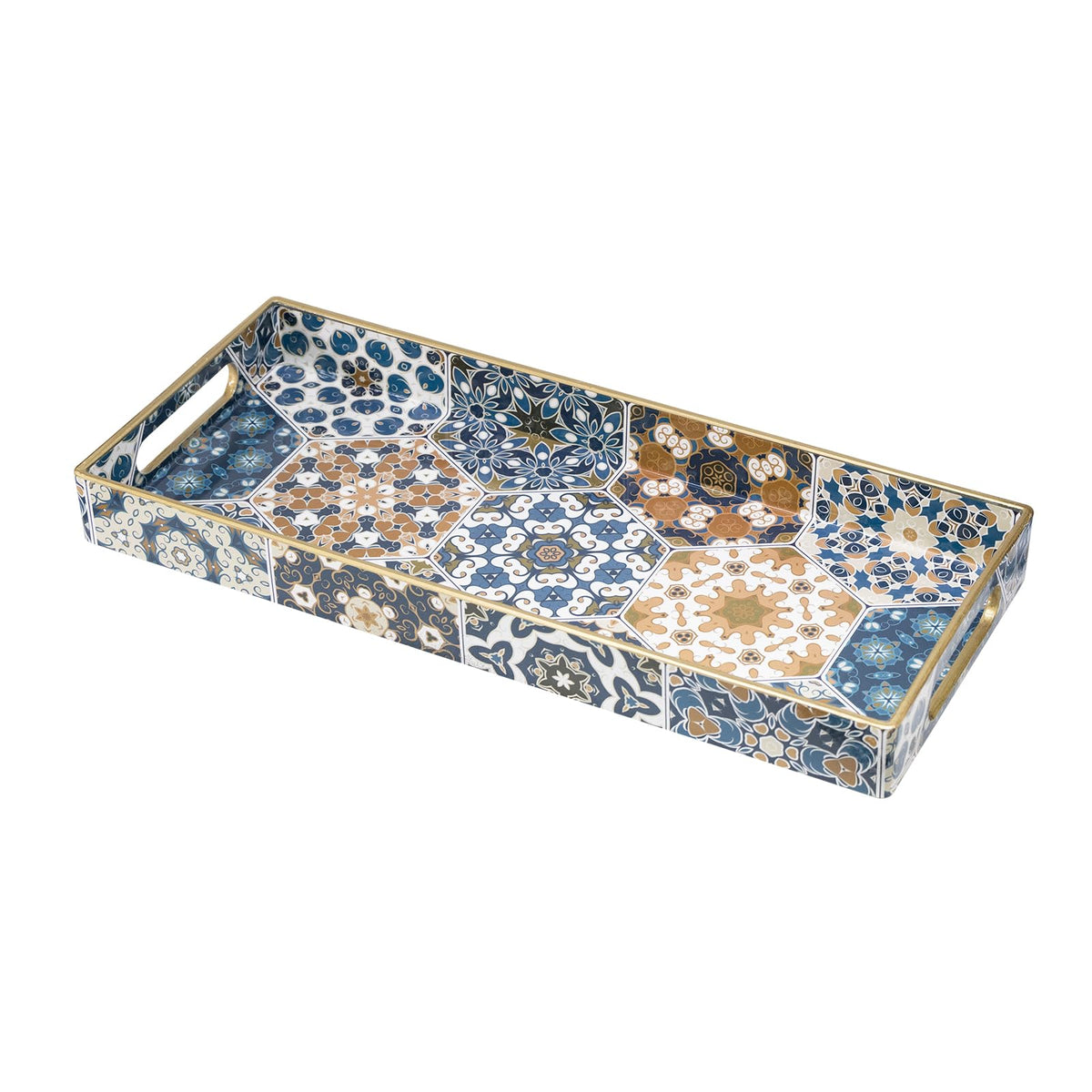MAONAME Blue Decorative Tray with Handles, Rectangular Moroccan Narrow Tray