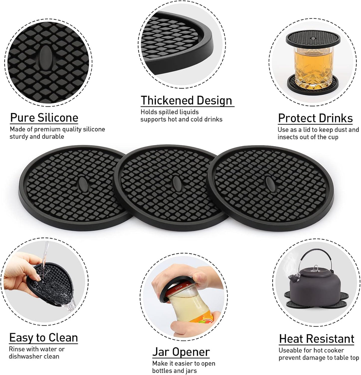 3 Pack Silicone Coasters for Drinks, Thickened Black Coaster with Deep Tray Grooved Design Cup Mat, Washable Heat Resistant Durable Non-Slip Coasters for Coffee Table Wooden Desk Kitchen Bar