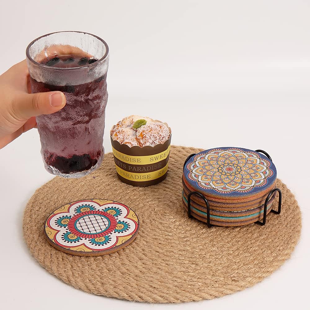 Cork Coasters Set of 8,Colorful Drink Coaster with Holder,4 Inch