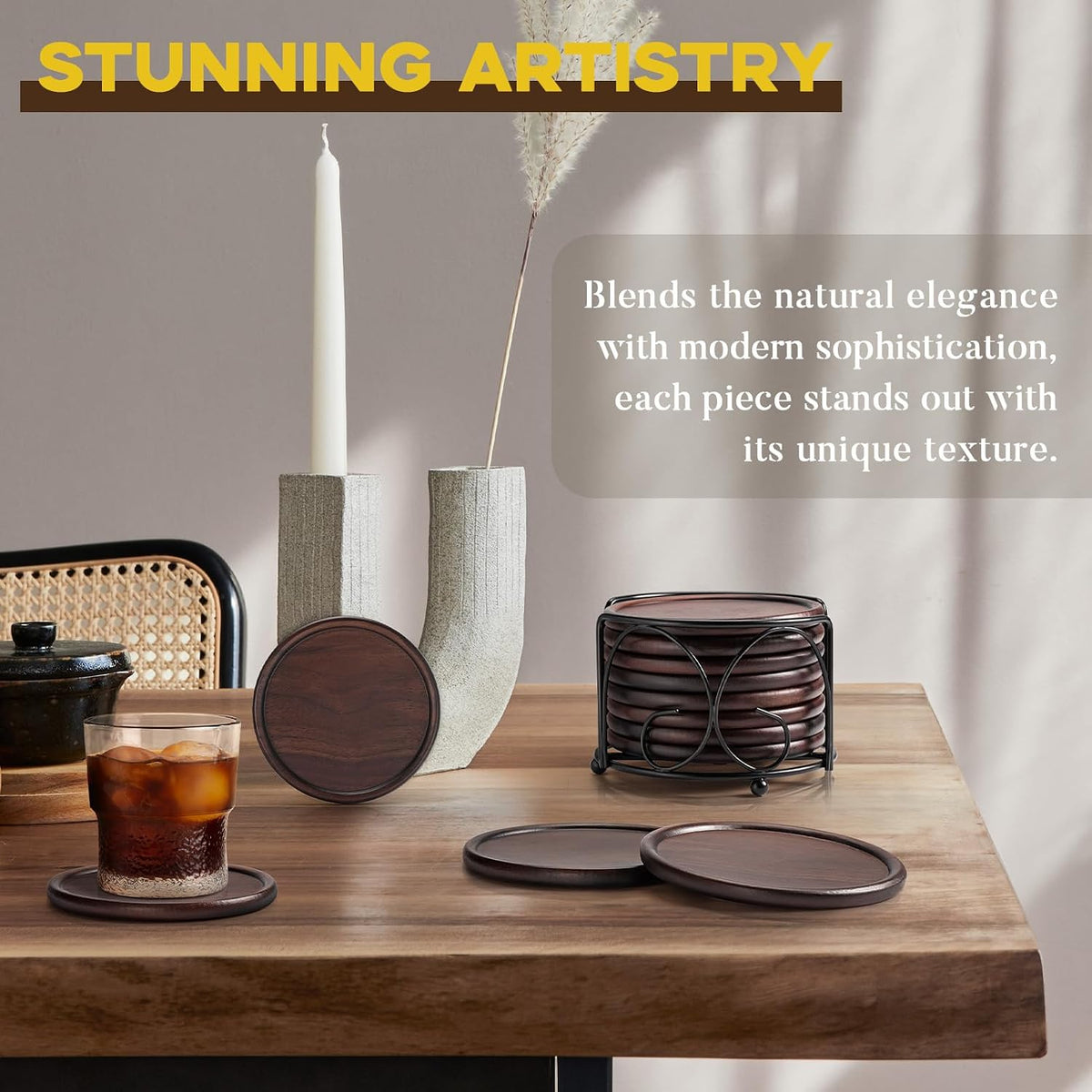 Wood Coasters Set of 8 with Metal Holder, 100% Wooden Coasters for Drinks