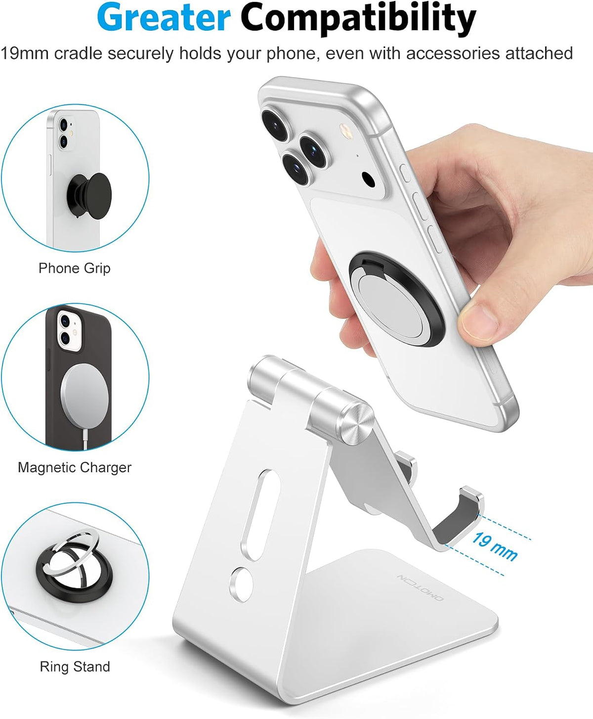 OMOTON C2 Adjustable Aluminum Cell Phone Stand with Charging Cutout, Silver