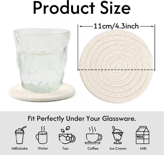 Coasters Set of 4 for Drinks, Cotton Woven 4 Colors Absorbent Boho Coasters for Home Decor Cups - Hot or Cold Drink Thickened (White)