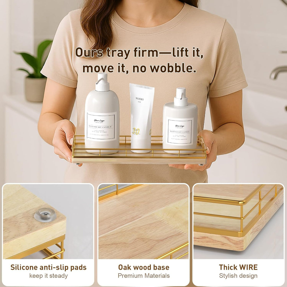 Bathroom Tray for Counter Top Organizer, Oak Wood Vanity Tray