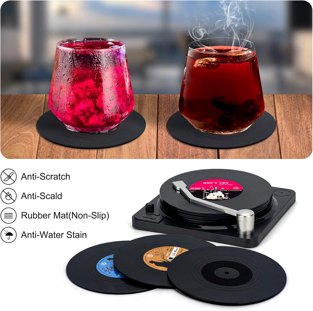 Retro Vinyl Record Coasters with Player, Set of 6 Music Coasters for Drinks